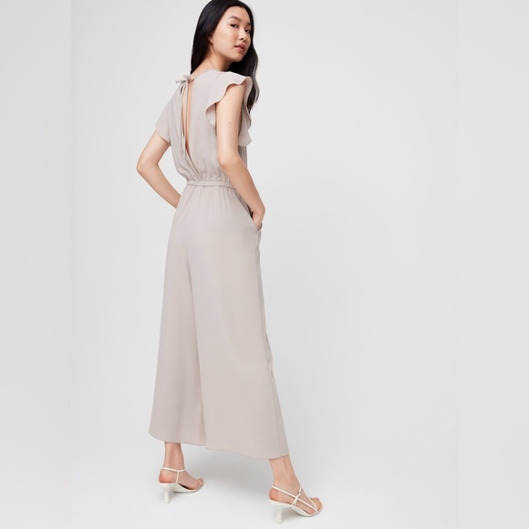 Wilfred Pants - Aritzia Wilfred Fleurette Jumpsuit Ruffled Sleeves Elastic Waist Back Keyhole